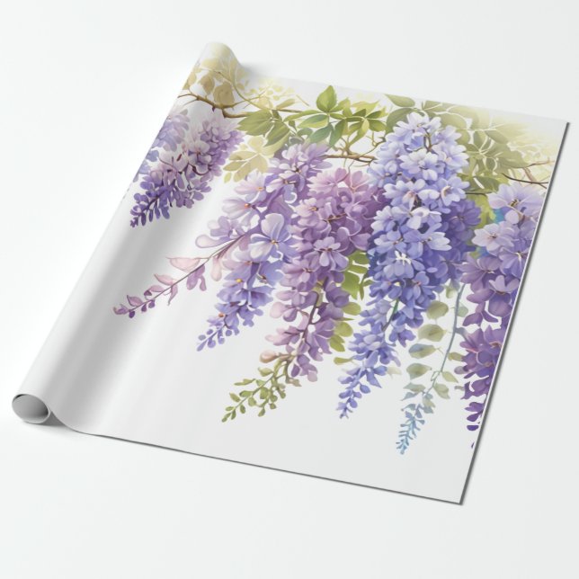 Elegant purple watercolor wisteria blue floral  wrapping paper (Unrolled)