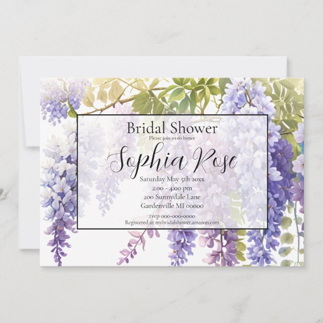 Elegant purple watercolor wisteria bridal shower invitation (Front)