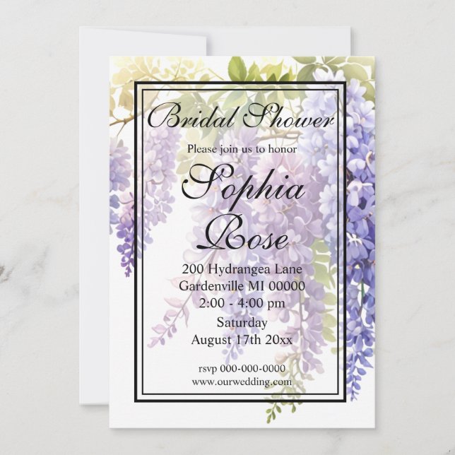 Elegant purple watercolor wisteria bridal shower invitation (Front)