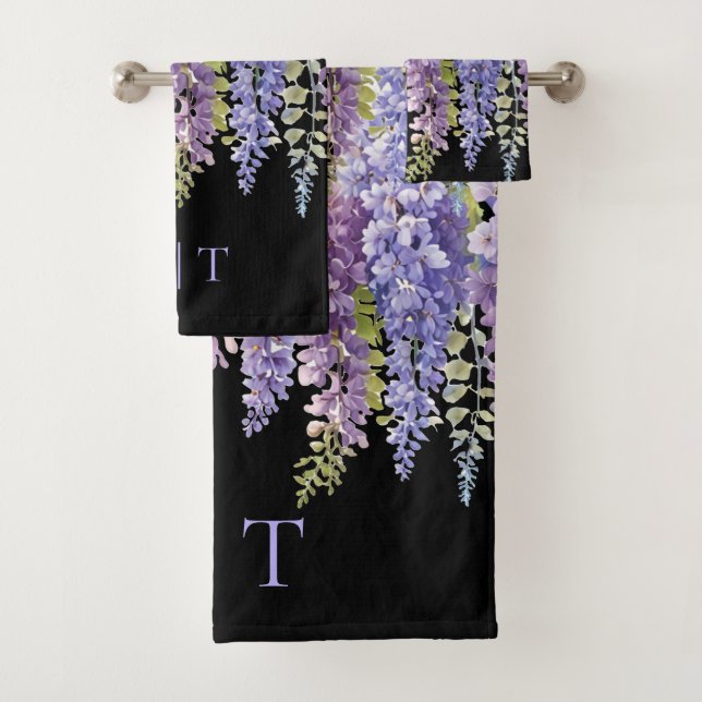 Elegant purple watercolor wisteria floral  bath towel set (Insitu)