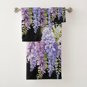 Elegant purple watercolor wisteria floral  bath towel set