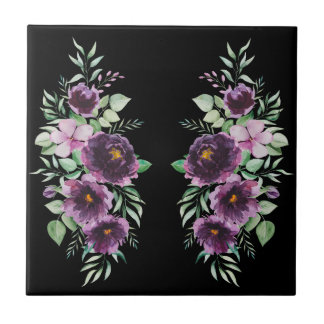 Elegant purple watercolor wisteria floral black tile