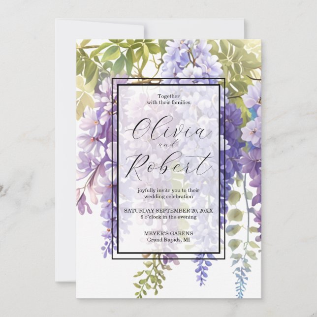 Elegant purple watercolor wisteria floral wedding invitation (Front)