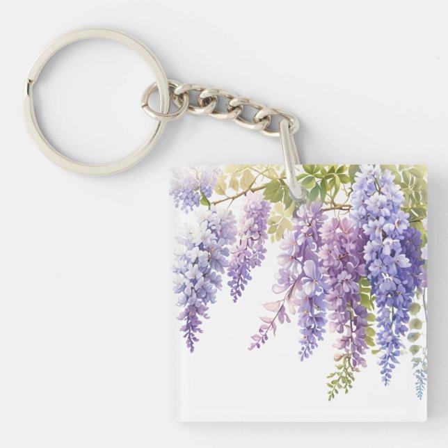 Elegant purple watercolor wisteria purple floral  key ring (Front)