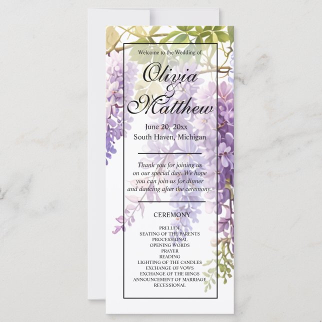 Elegant purple watercolor wisteria wedding program (Front)