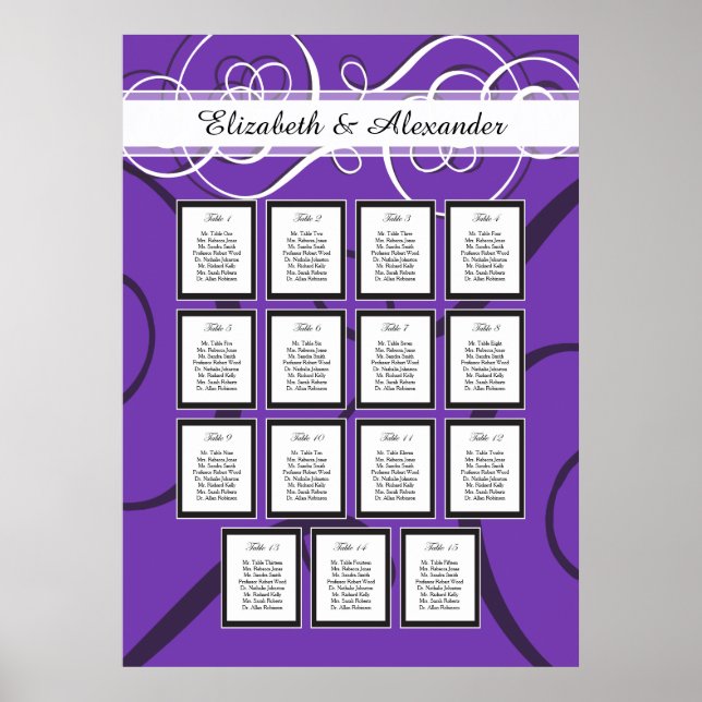 Elegant Purple Wedding 15 Table Seating Chart (Front)