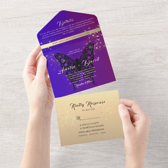 Elegant Purple Wedding All In One Invitation (Tearaway)