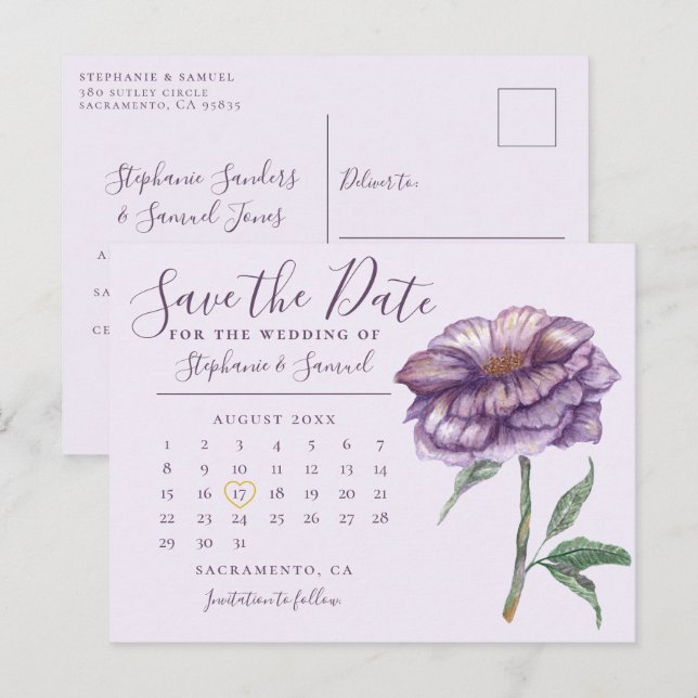 Elegant Purple Wedding Calendar Save the Date Postcard (Front/Back)