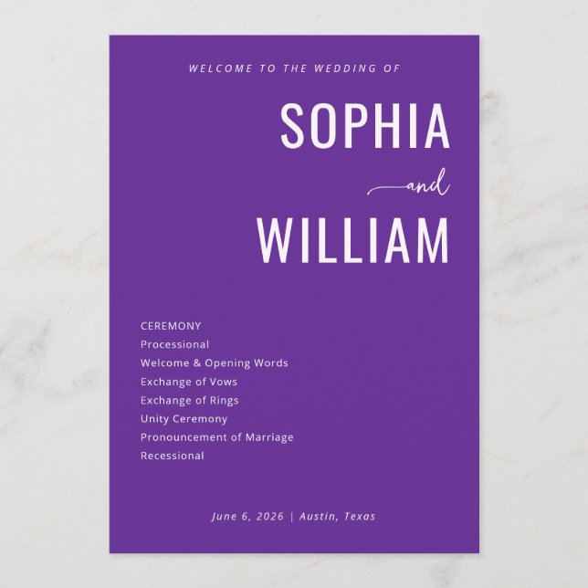 Elegant Purple Wedding Ceremony Programme (Front)