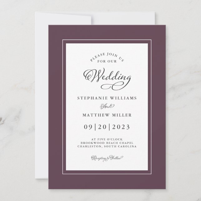 Elegant Purple Wedding Chic Calligraphy Frame Invitation (Front)