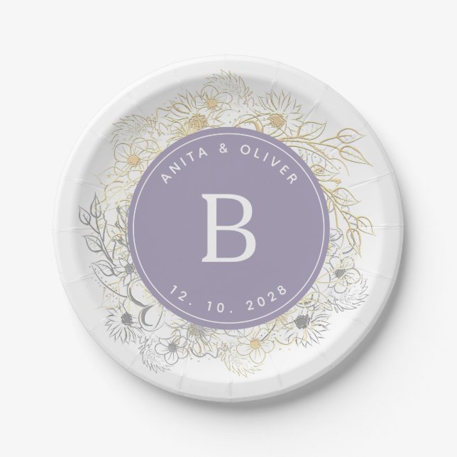 Elegant Purple Wedding Monogram Paper Plate (Front)