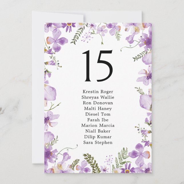 Elegant Purple Wedding Table Seating Chart Cards (Front)