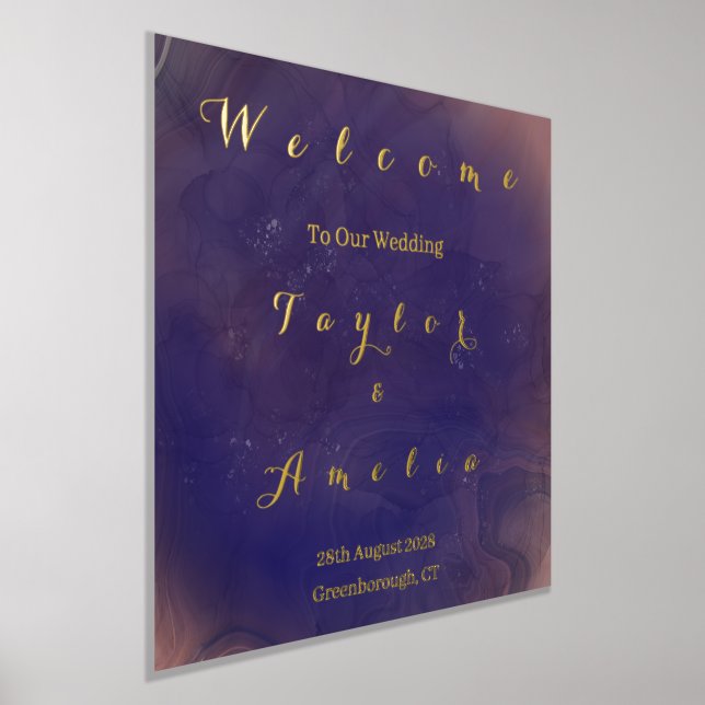 Elegant Purple Wedding Welcome Sign Real Gold Foil (Laydown)
