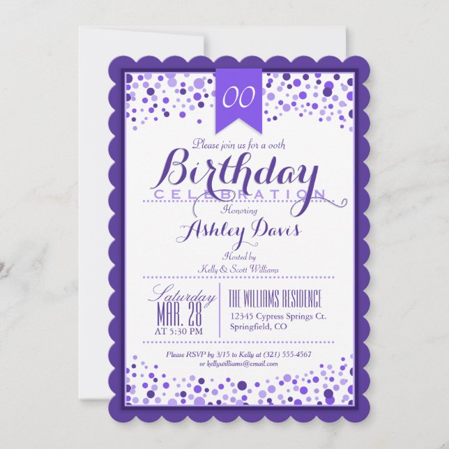 Elegant Purple, White Adult or Teen Birthday Party Invitation (Front)