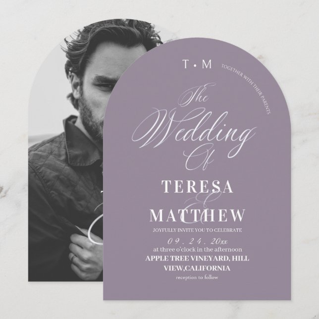 Elegant Purple & White Classic Script Wedding Invitation (Front/Back)