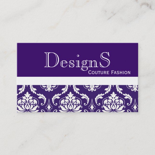 Elegant Purple White Damask Fashion Business Card (Front)