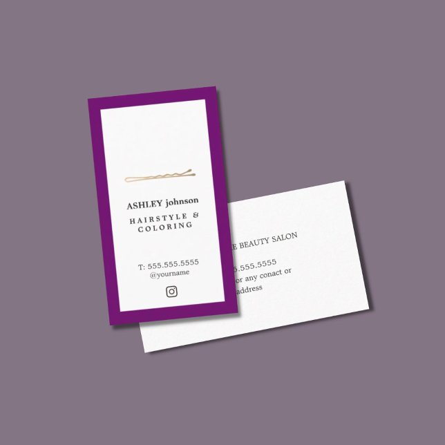 Elegant Purple White Faux Gold Pin Hairdresser Business Card (Creator Uploaded)