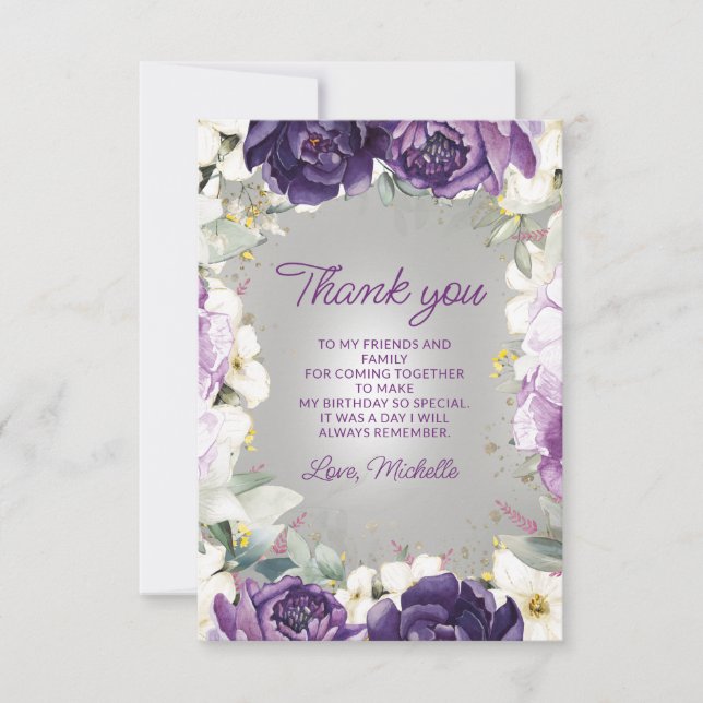 Elegant Purple White Floral Birthday Thank You (Front)