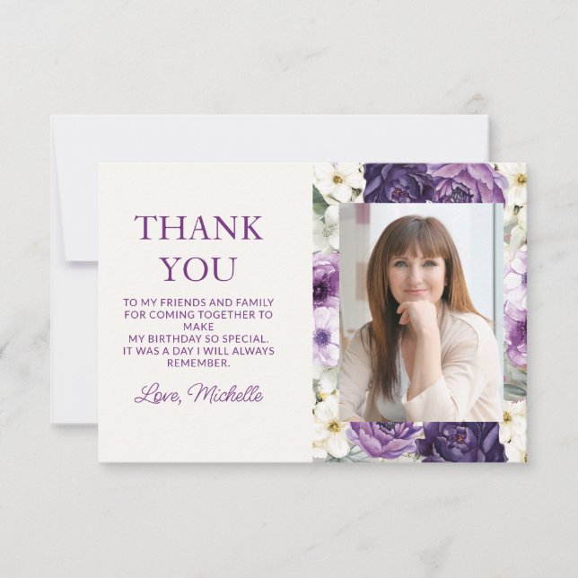 Elegant Purple White Floral Birthday Thank You (Front)