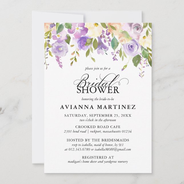 Elegant Purple White Floral Bridal Shower Invitation (Front)