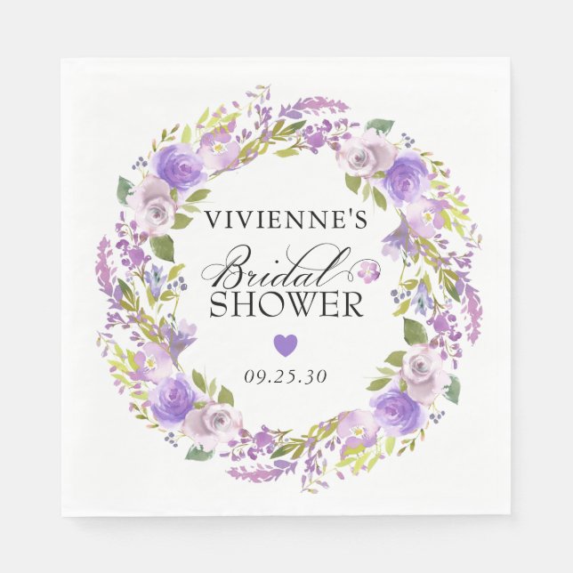 Elegant Purple White Floral Bridal Shower Napkin (Front)
