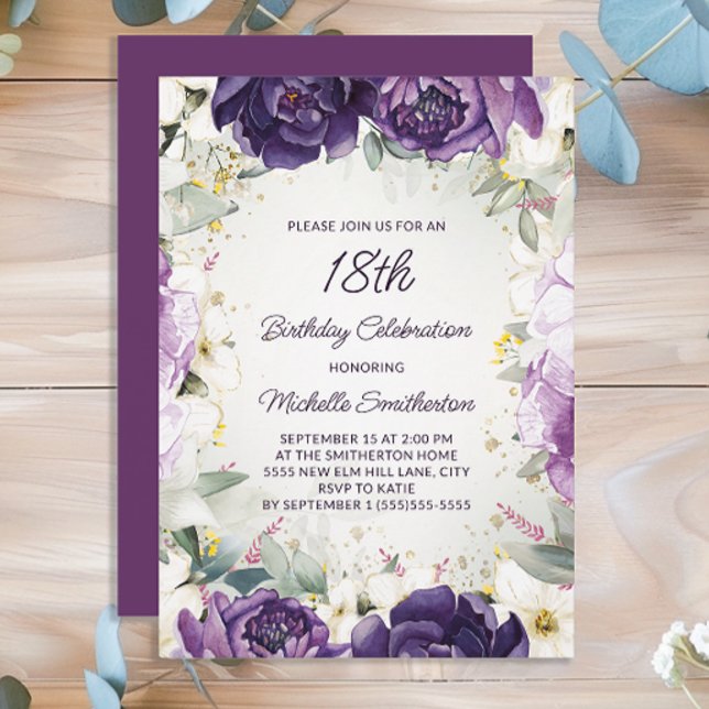 Elegant Purple White Floral Glitter 18th Birthday Invitation (Purple floral women's 18th birthday party invitation)