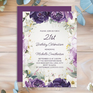 Elegant Purple White Floral Glitter 21st Birthday Invitation