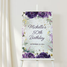 Elegant Purple White Floral Glitter 50th Birthday