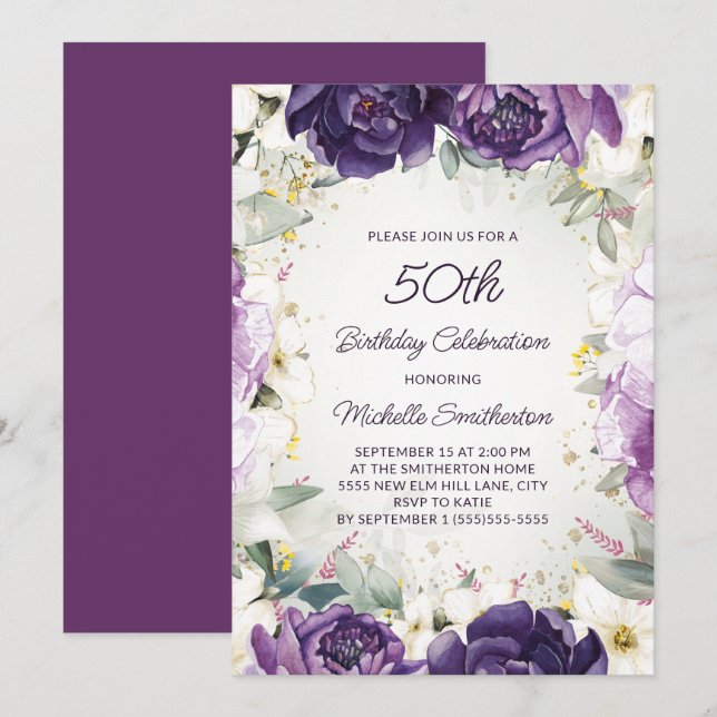 Elegant Purple White Floral Glitter 50th Birthday Invitation (Front/Back)