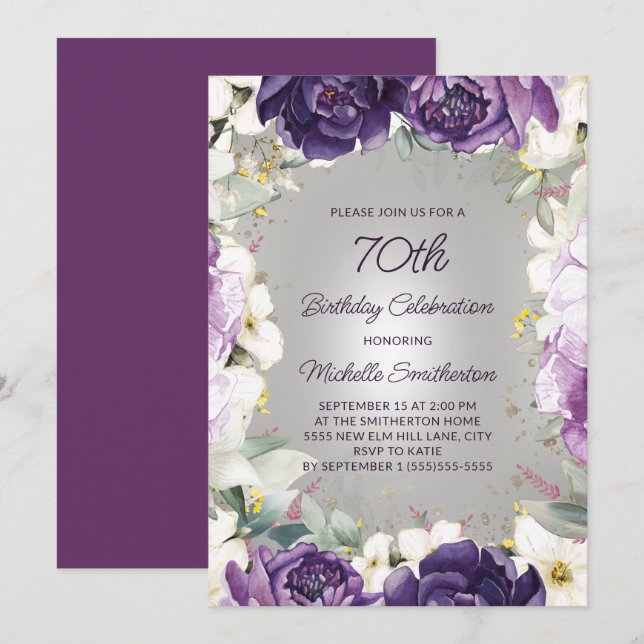 Elegant Purple White Floral Glitter 70th Birthday Invitation (Front/Back)