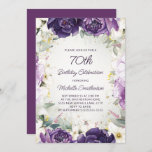 Elegant Purple White Floral Glitter 70th Birthday Invitation<br><div class="desc">Elegant 70th birthday party invitation for women with pretty white and purple hand-painted flowers and sage green leaves accented with gold glitter. Personalised with a name and all of your party information. Contact me for assistance with your customisations or to request additional matching Zazzle products for your party.</div>