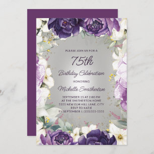 Elegant Purple White Floral Glitter 75th Birthday Invitation