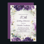 Elegant Purple White Floral Glitter 80th Birthday Invitation<br><div class="desc">Elegant 80th birthday party invitation for women with pretty white and purple hand-painted flowers and sage green leaves accented with gold glitter. Personalised with a name and all of your party information. Contact me for assistance with your customisations or to request additional matching Zazzle products for your party.</div>