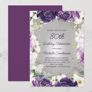 Elegant Purple White Floral Glitter 80th Birthday Invitation