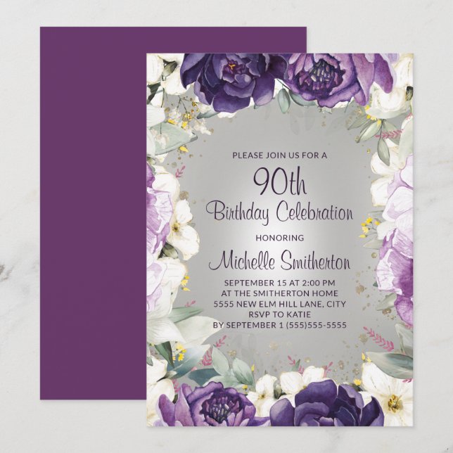 Elegant Purple White Floral Glitter 90th Birthday Invitation (Front/Back)