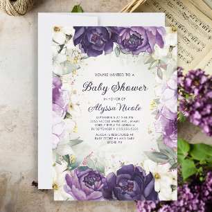 Elegant Purple White Floral Glitter Baby Shower In Invitation