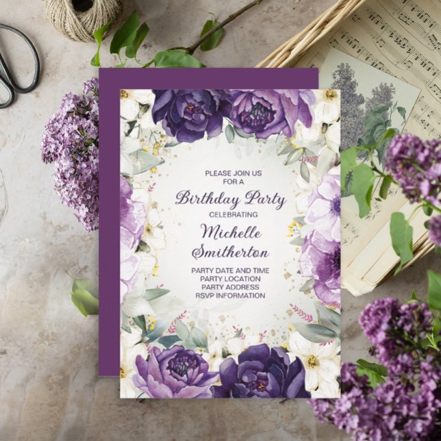 Elegant Purple White Floral Glitter Birthday Invit Invitation (Creator Uploaded)