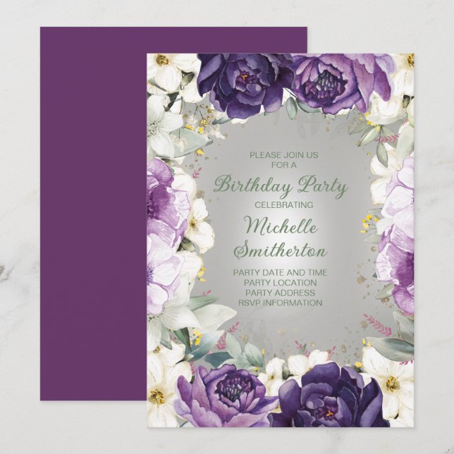 Elegant Purple White Floral Glitter Birthday Invitation (Front/Back)