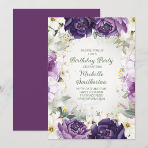 Elegant Purple White Floral Glitter Birthday Invitation