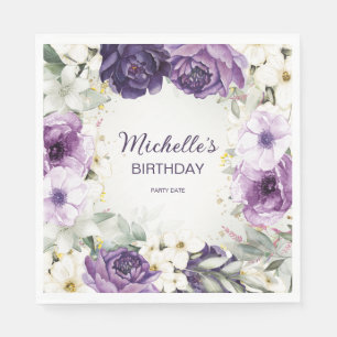 Elegant Purple White Floral Glitter Birthday Name  Napkin