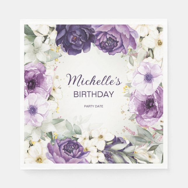 Elegant Purple White Floral Glitter Birthday Name  Napkin (Front)