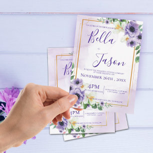 Elegant Purple White Floral Gold Frame Wedding Invitation