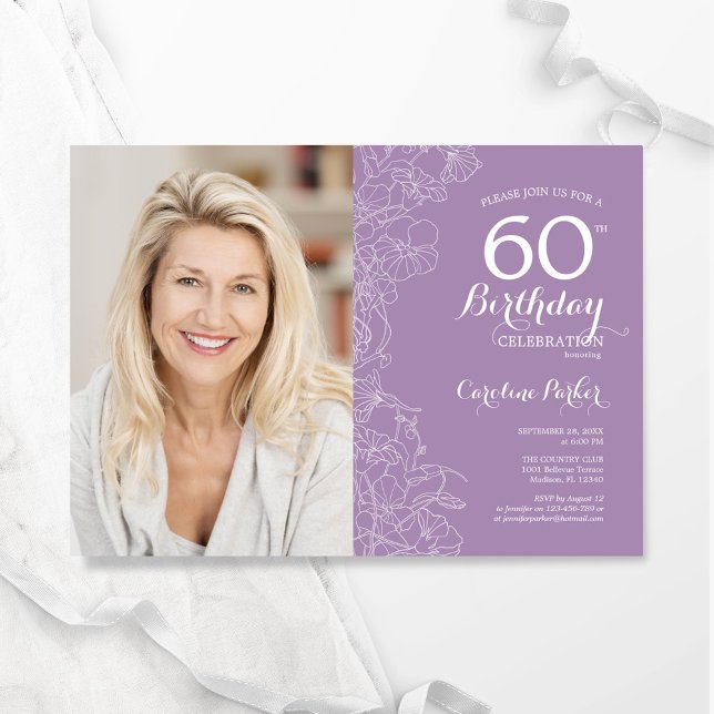 Elegant Purple White Floral Photo 60th Birthday Invitation (Creator Uploaded)