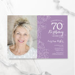 Elegant Purple White Floral Photo 70th Birthday Invitation<br><div class="desc">Lavender purple lilac white floral 70th birthday party invitation with your photo on the front of the card. Elegant modern design featuring botanical outline drawings accents and typography script font. Simple trendy invite card perfect for a stylish female bday celebration. Can be customised to any age. Printed Zazzle invitations or...</div>