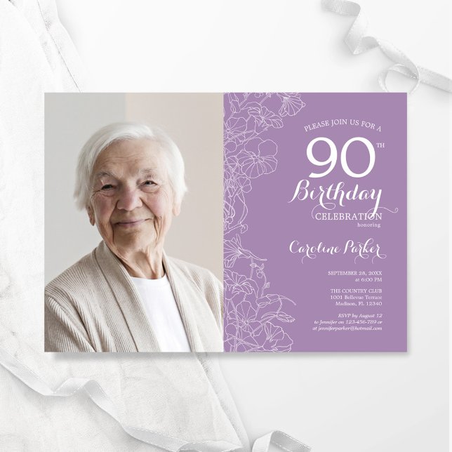 Elegant Purple White Floral Photo 90th Birthday Invitation (Creator Uploaded)