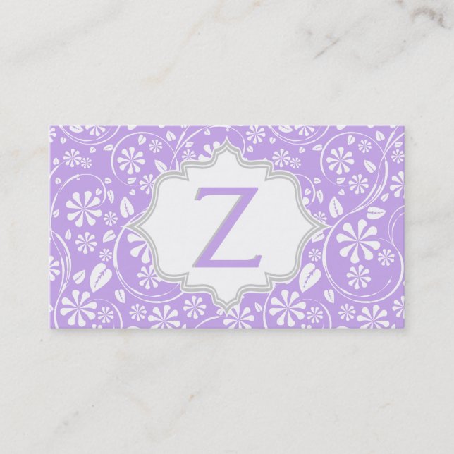 Elegant purple white, grey floral pattern monogram business card (Front)