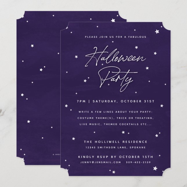 Elegant Purple+White Magical Stars Halloween Party Invitation (Front/Back)