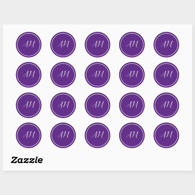 Elegant Purple White Monogram  Classic Round Sticker (Sheet)