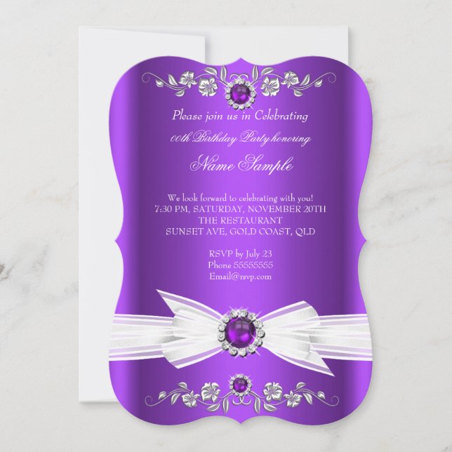Elegant Purple White Pearl Jewel Bow Birthday Invitation (Front)
