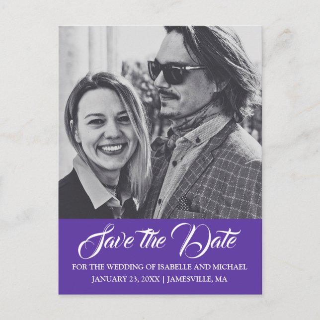 Elegant Purple White Photo Save the Date Postcard (Front)
